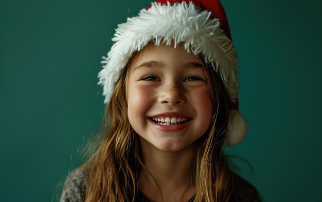 ragazza sorridente felice con il cappello di Babbo Natale sullo sfondo di Natale