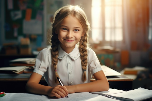 Ragazza sorridente felice sulla panchina dell'aula in uniforme scolastica generata dall'IA