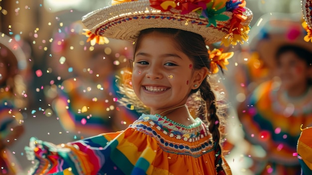 Ragazza sorridente in abito tradizionale messicano con fiori e confetti al Festival Folklorico