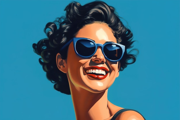 ragazza sorridente su uno sfondo blu