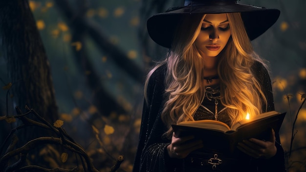 Ragazza strega di Halloween con il ritratto magico del libro degli incantesimi sullo sfondo di una magia oscura inquietante