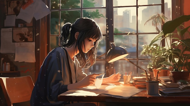 Ragazza studia vista comoda accanto alla finestra