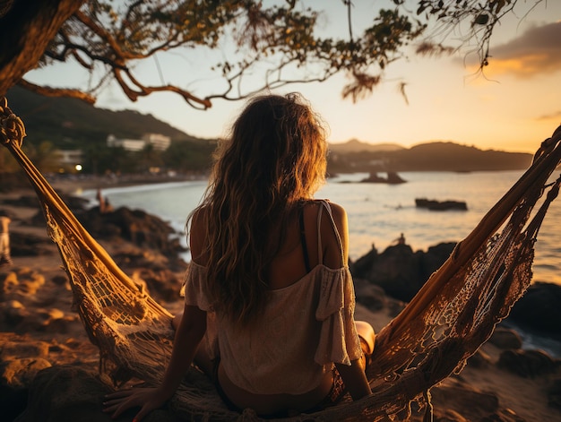 ragazza su un'amaca sulla spiaggia al tramonto AI generativa