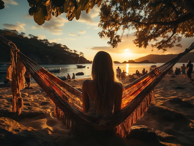 ragazza su un'amaca sulla spiaggia al tramonto AI generativa