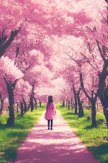 ragazza su un sentiero in mezzo a molti fiori rosa