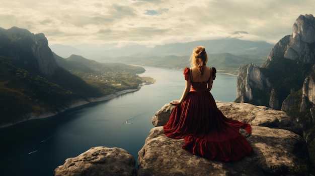 Ragazza su una scogliera con un enorme lago sullo sfondo