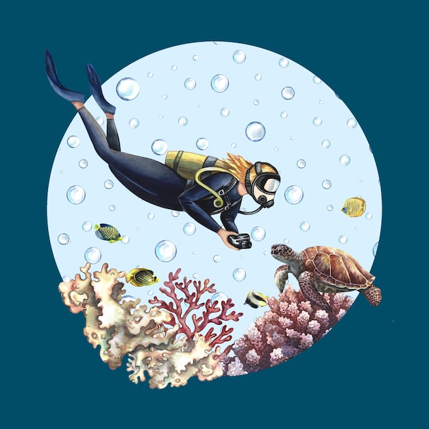 Ragazza sub nuota sott'acqua Viaggio subacqueo Acquerello disegnato a mano
