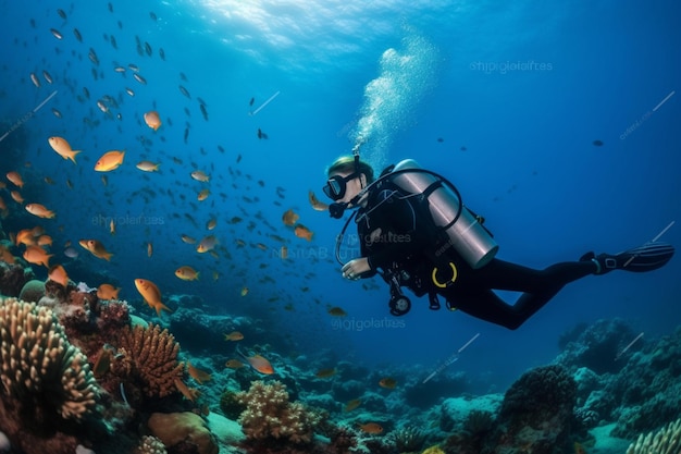 Ragazza subacqueo immersioni subacquee sulla scogliera tropicale con sfondo blu e pesce di barriera