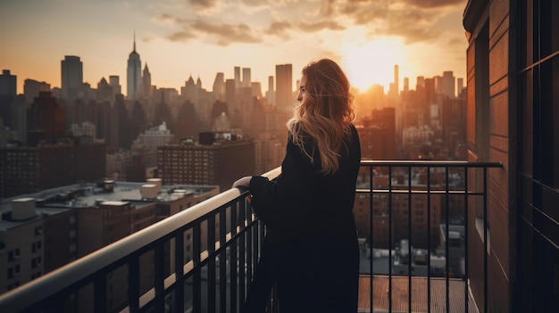 Ragazza sul balcone Ora del tramonto Illustrazione AI GenerativexA