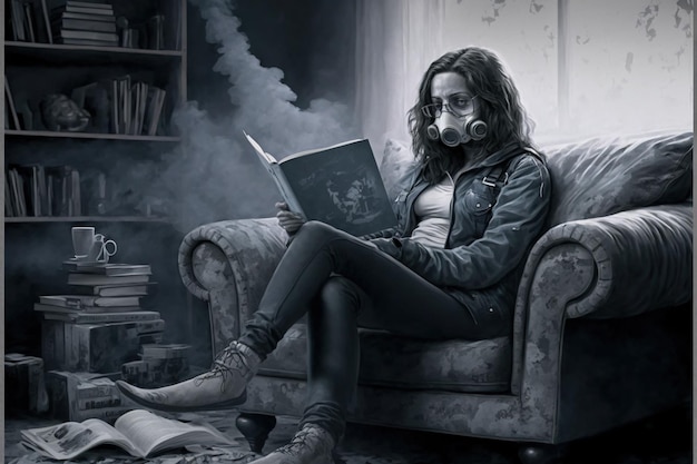 Ragazza sul divano con il libro Una ragazza che indossa una maschera antigas sdraiata sul divano a leggere un libro nella sua stanza Pittura illustrativa in stile arte digitale
