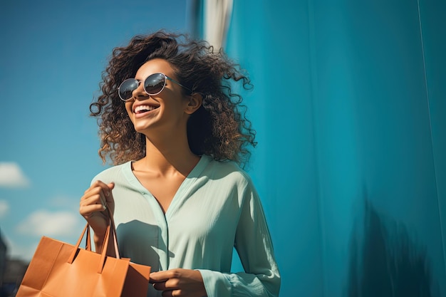 ragazza sulla parete ciano con occhiali da sole e tenendo una borsa della spesa in mano bella ragazza felice con borsa della shopping nella parete blu