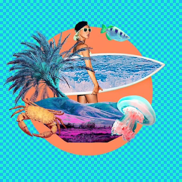 Ragazza surf amante dell'oceano creativo collage art. Vibrazioni sportive in vacanza