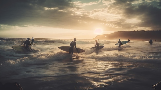 Ragazza surfista in muta con tavola da surf in oceangenerative ai