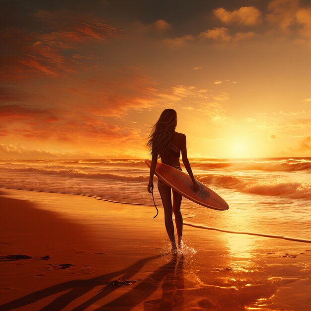 Ragazza surfista sulla spiaggia al tramonto Ragazza che cammina verso il mare con una tavola da surf