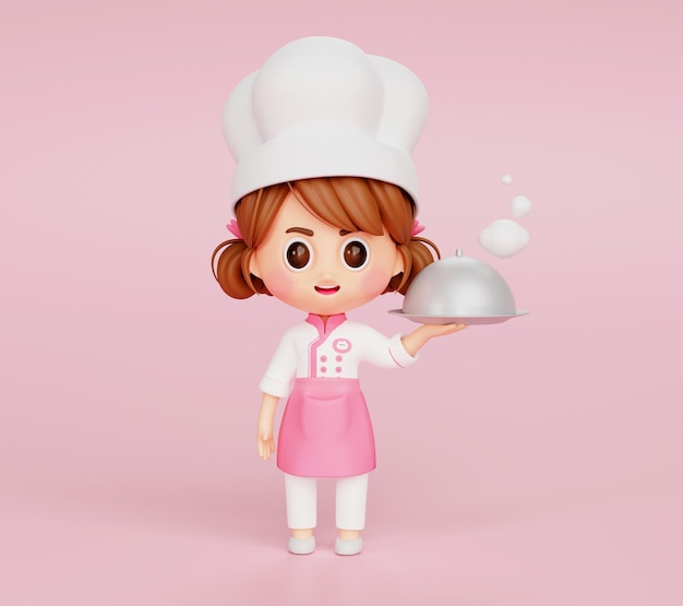 Ragazza sveglia dello chef in uniforme che tiene il piatto del vassoio del vassoio del cibo della cloche del ristorante per servire il logo del personaggio della mascotte del ristorante su sfondo rosa fumetto dell'illustrazione 3d