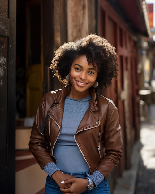 Ragazza teenager africana sorridente di eleganza di autunno in giacca di pelle e maglione