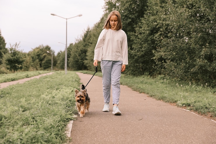 Ragazza teenager in una passeggiata nel parco estivo con il suo animale domestico Yorkshire terrier. Bambino che porta a spasso un cane