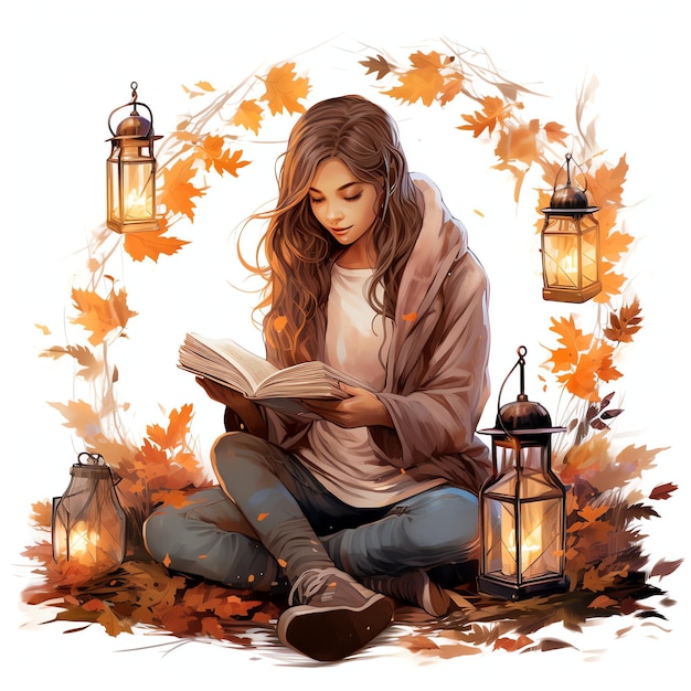 Ragazza topo di biblioteca in autunno