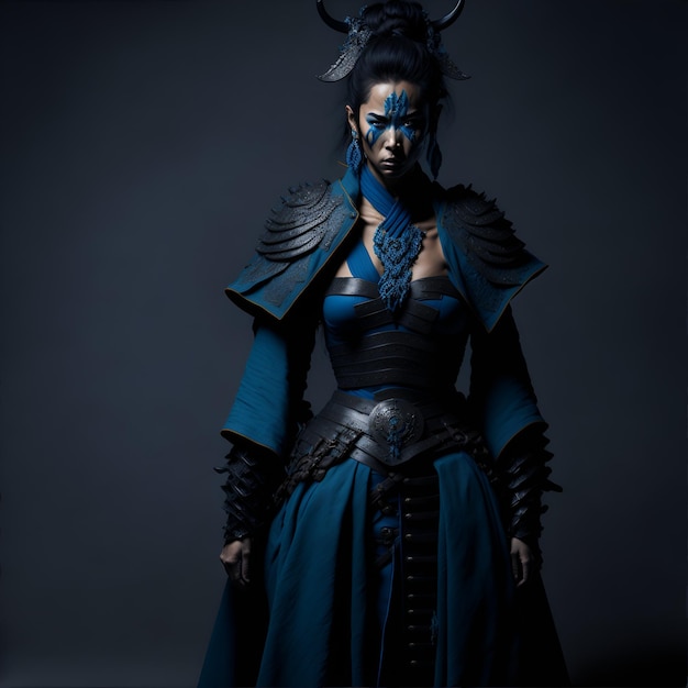 Ragazza vestita con il tipico costume da samurai blu