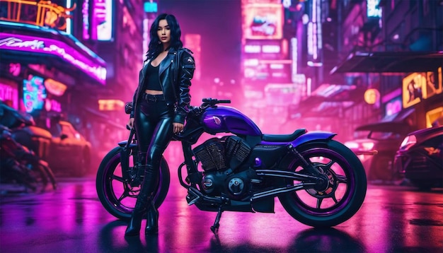 Ragazza vestita di nero accanto alla sua moto in una città cyberpunk con luci al neon