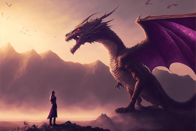 Ragazza vicino al drago Scena fantasy di una donna che raggiunge il drago con un vicino dipinto di illustrazione in stile arte digitale signore