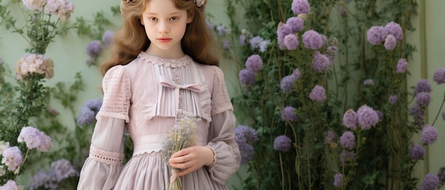 Ragazza vintage nel giardino di lavanda