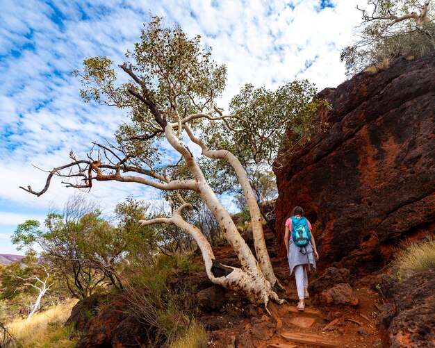 ragazza zaino in spalla escursionismo su rocce rosse su una ripida montagna nel parco nazionale di karijini in australia