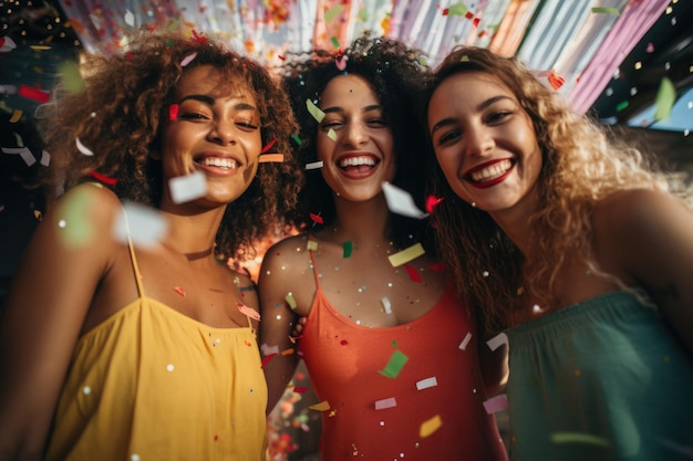 ragazze a una festa in posa per la macchina fotografica con coriandoli e un'atmosfera estiva