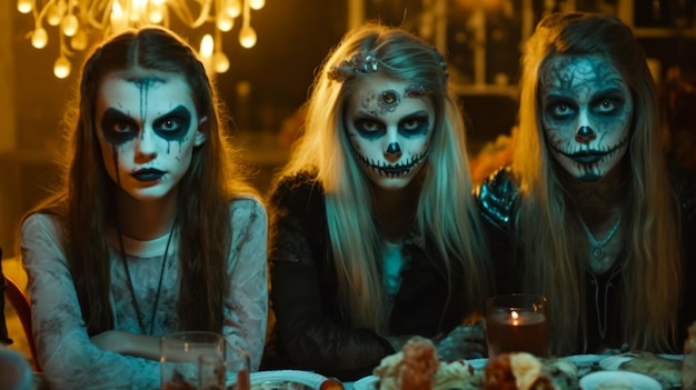 Ragazze adolescenti in costumi spaventosi e trucco celebrano l'intelligenza artificiale di Halloween generata