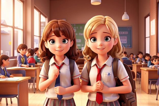 Ragazze adorabili e carine con sfondo scolastico illustrazione 3d