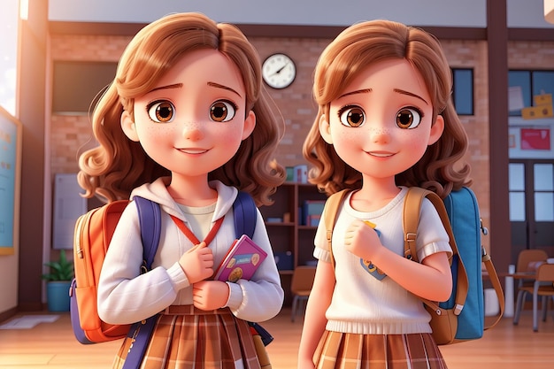 Ragazze adorabili e carine con sfondo scolastico illustrazione 3d