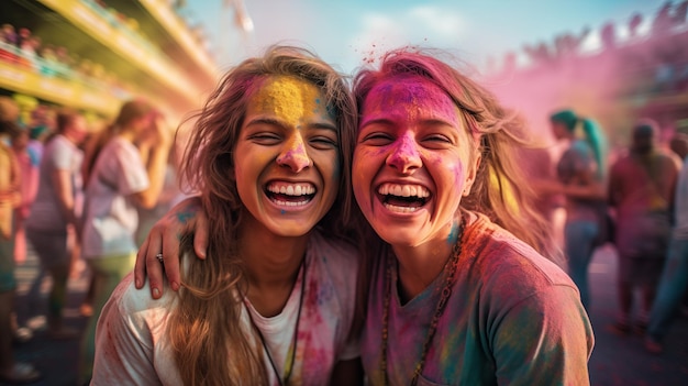 Ragazze al festival di Holi che si divertono con la polvere colorata