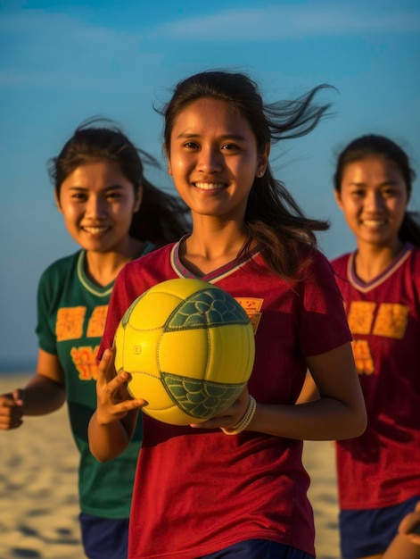 Ragazze asiatiche che si divertono su una spiaggia tropicale generato da AI