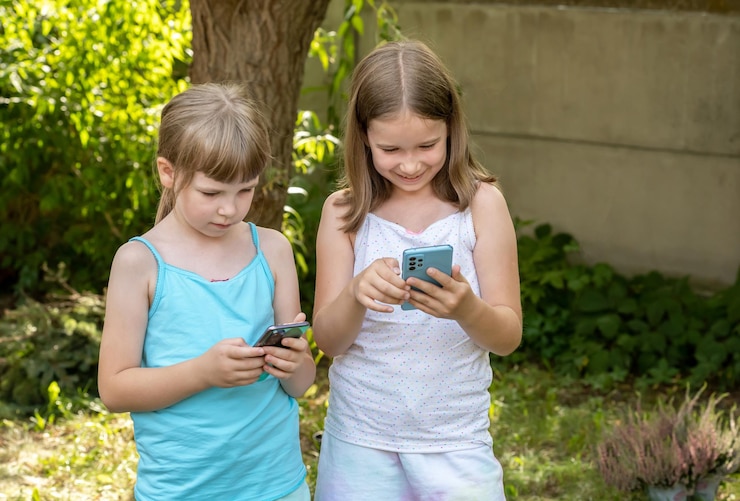 Ragazze, bambini con gli smartphone in mano, bambini all'aperto che guardano i loro telefoni cellulari che ridono.