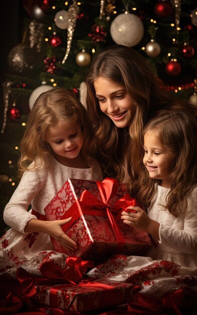 Ragazze che aprono i regali sotto l'albero di Natale nelle vacanze invernali Scena di famiglia di Natale Generata da AI