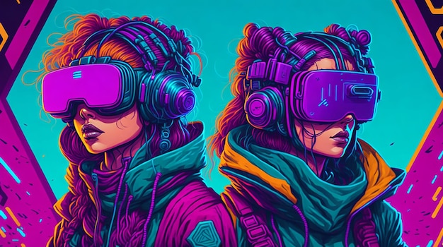 Ragazze che indossano illustrazioni di cuffie VR in 4k Cyberpunk World di colori vivaci e vibrazioni retrò