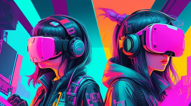 Ragazze che indossano illustrazioni di visori VR nel mondo cyberpunk 4K di colori vivaci e vibrazioni retrò