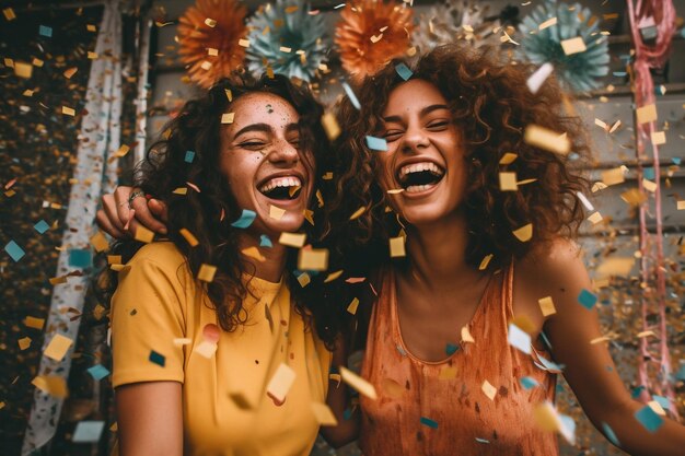 Ragazze che si divertono con i confetti Ritratto di due giovani donne sorridenti in confetti