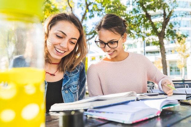 Ragazze che studiano insieme al parco