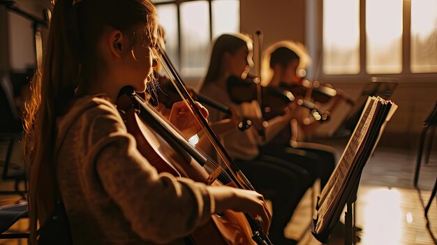 Ragazze che suonano il violino insieme in gruppo