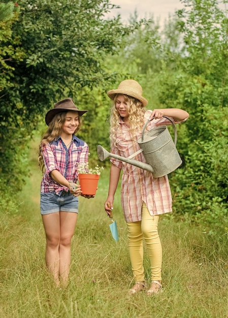 Ragazze con cappelli che piantano piante Bambini rustici sullo sfondo della natura Bambini che si divertono in fattoria Concetto di agricoltura ecologica Piantare e annaffiare Concetto di agricoltura Sorelle che aiutano in fattoria Fattoria di famiglia