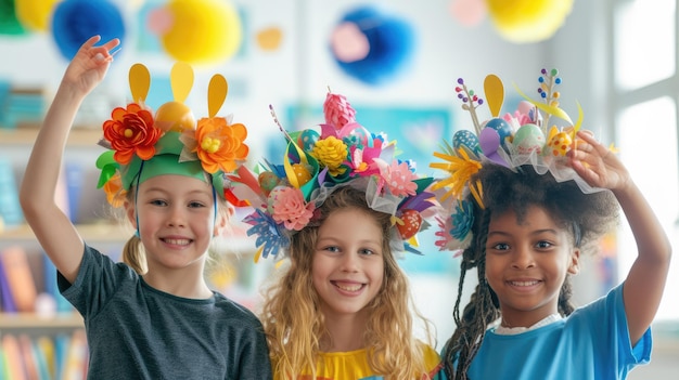 Ragazze con corone di fiori felici che condividono le uova di Pasqua a tavola creando arte