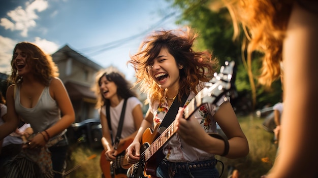 Ragazze con gli amici che si godono un concerto all'aperto alla luce del pomeriggio