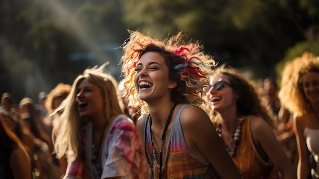 Ragazze con gli amici che si godono un concerto all'aperto alla luce del pomeriggio