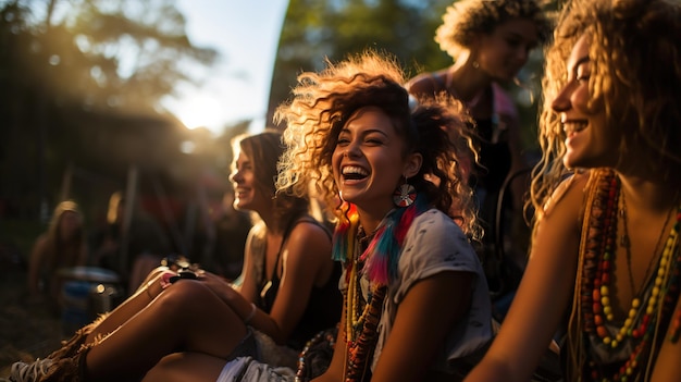 Ragazze con gli amici che si godono un concerto all'aperto alla luce del pomeriggio