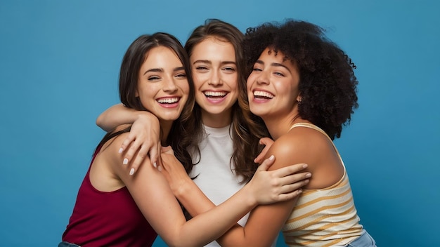 Ragazze Debonair che si abbracciano su uno sfondo blu, foto in studio di amiche attraenti che ridono alla telecamera