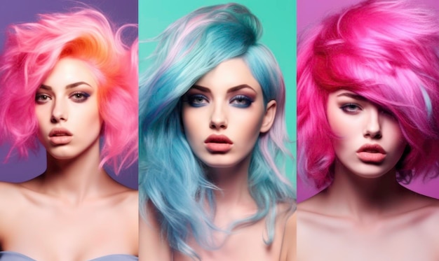 Ragazze di collage di moda di bellezza con capelli tinti colorati Generato da AI