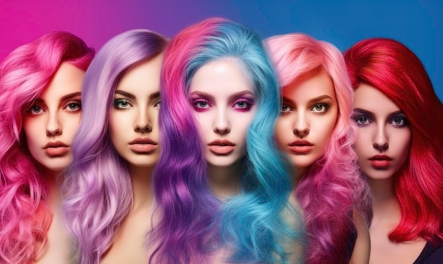 Ragazze di collage di moda di bellezza con capelli tinti colorati Generato da AI