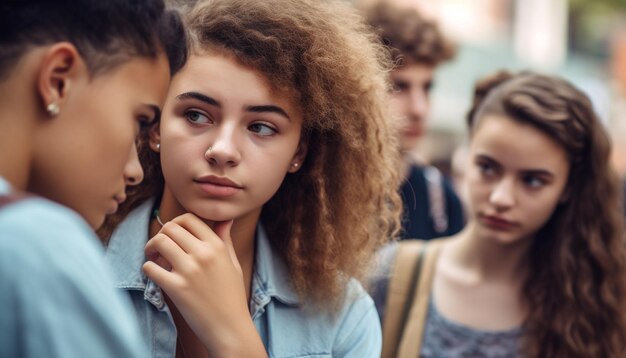 Ragazze e uomini giovani che studiano insieme sorridendo in un'aula generata dall'AI