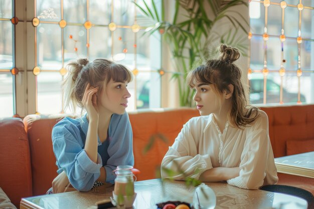 Ragazze eleganti parlano in un caffè moderno AI generativa